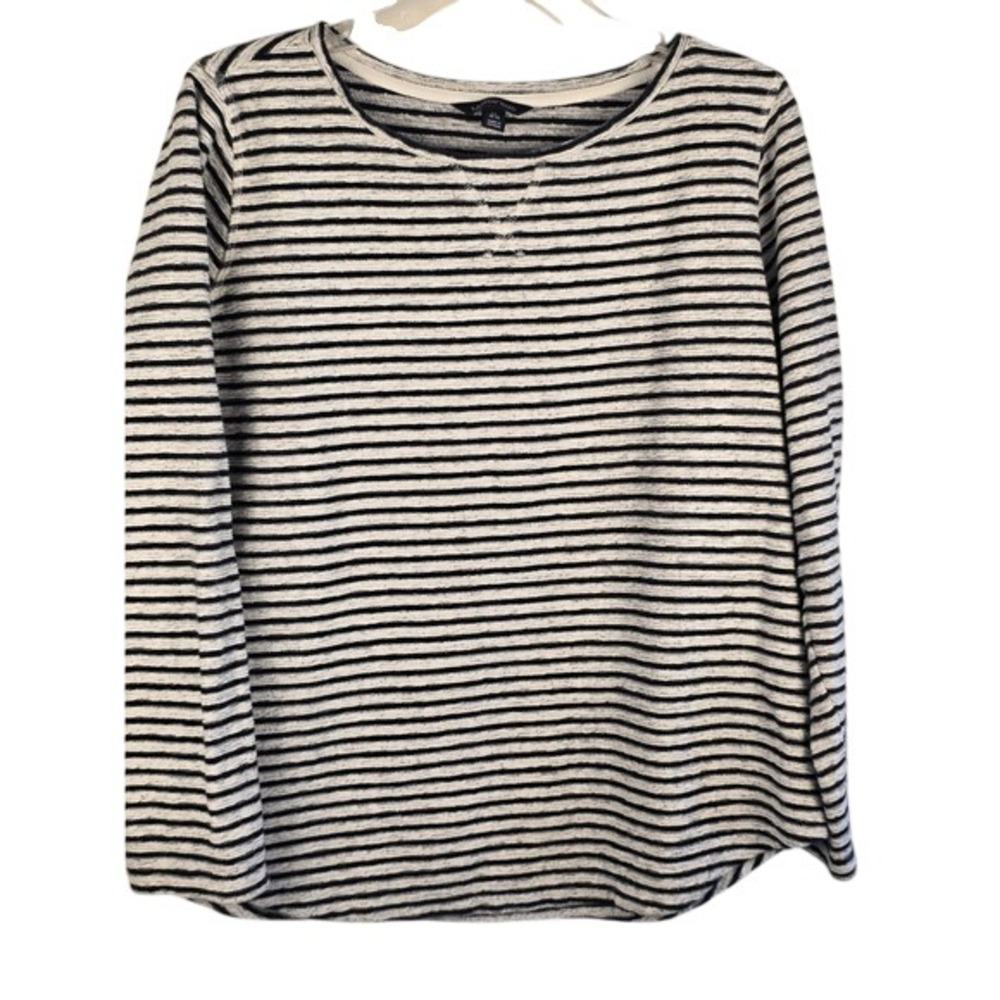 Lands' End Womens Medium Navy Blue White Striped Cotton Long Sleeve Curved Hem